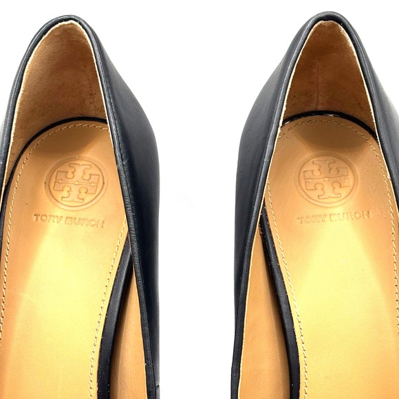 Tory Burch Chelsea Block Heel Pump Black Napa Leather Gold Logo Women's Size 9 - Picture 4 of 8